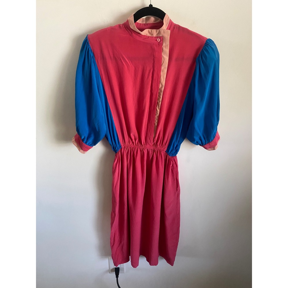 Horchow Vintage 100% Silk Colorblock Dress Pink Blue Puff Sleeve Size 12